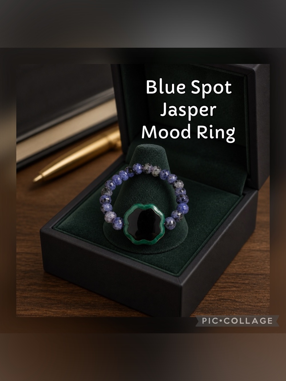 Blue Spot Jasper Crystal Mood Ring with Beaded Band - Stone